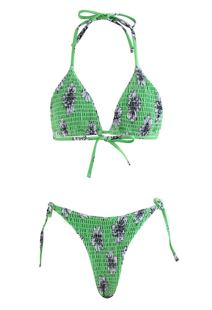 Conjunto de bikini fruncido floral de tono verde