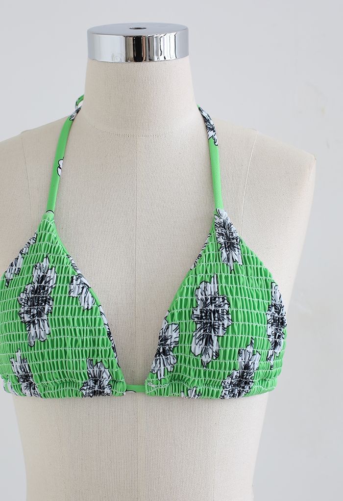 Conjunto de bikini fruncido floral de tono verde