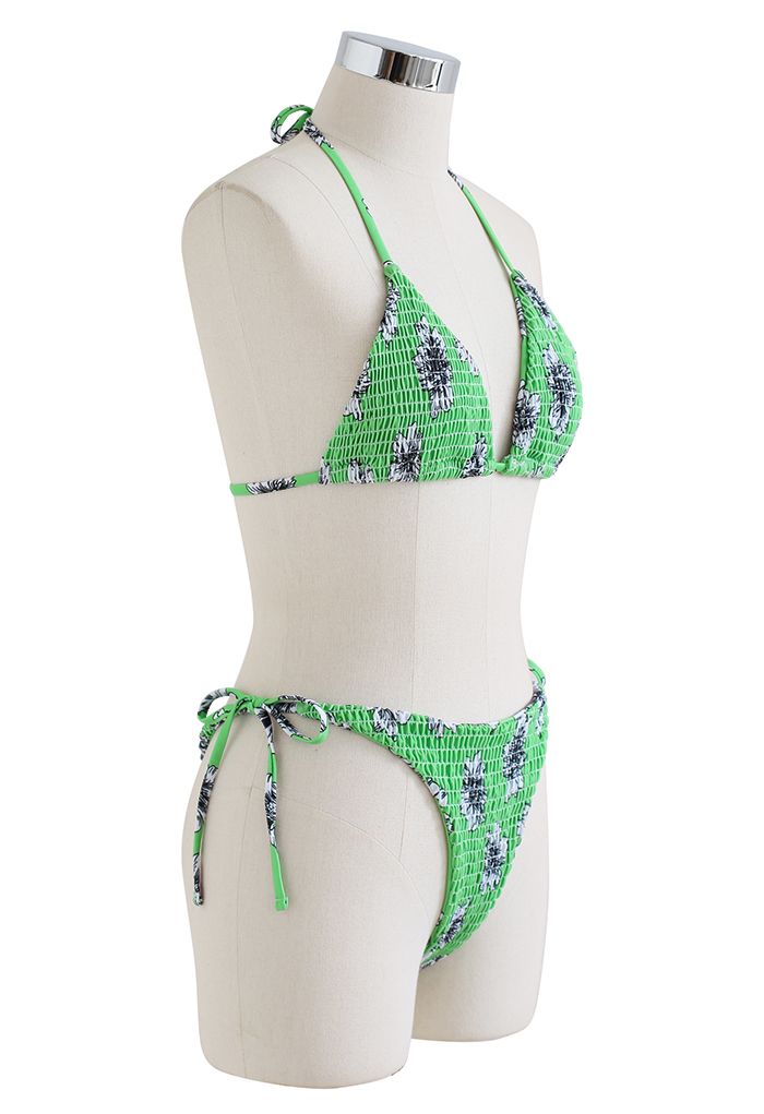 Conjunto de bikini fruncido floral de tono verde