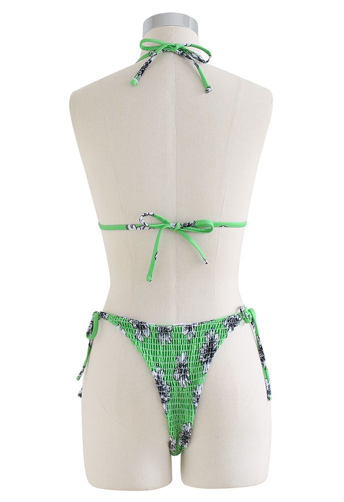 Conjunto de bikini fruncido floral de tono verde