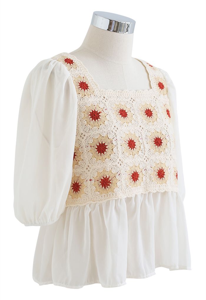 Top empalmado de crochet floral boho color crema