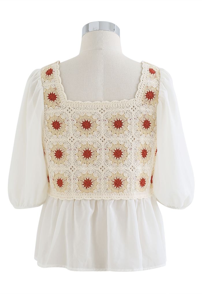 Top empalmado de crochet floral boho color crema