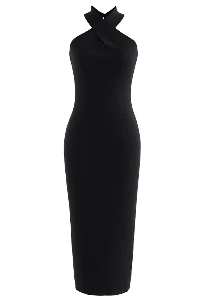 Vestido de punto ajustado con cuello halter entrecruzado en negro