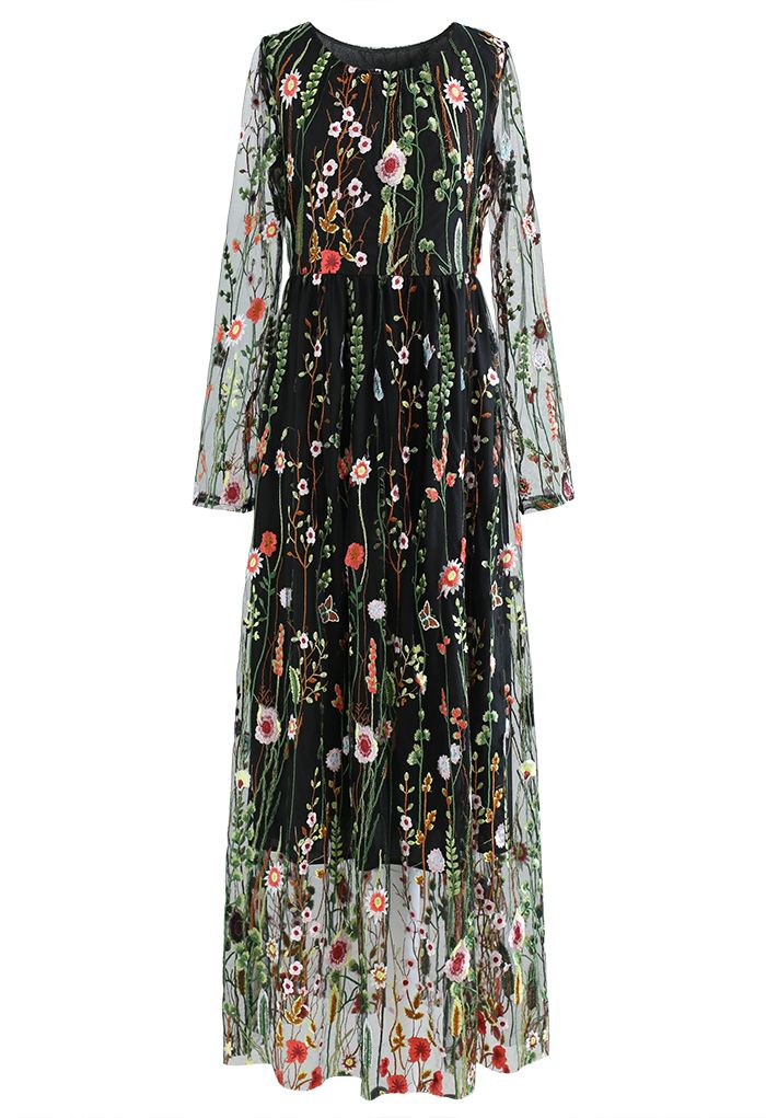 Vestido largo de malla bordada Lost in Flowering Fields en negro