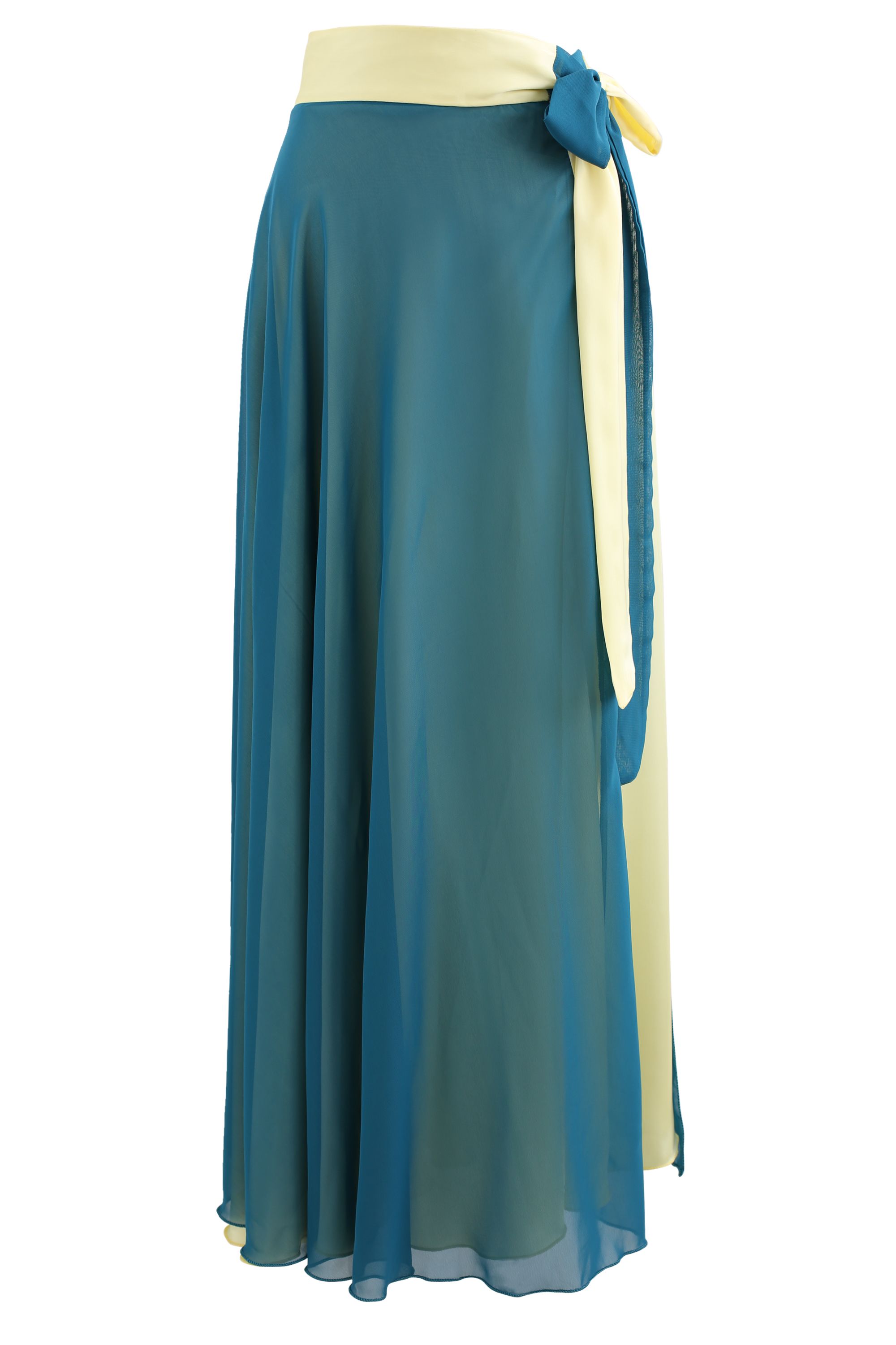 Falda larga cruzada empalmada con cintura anudada en verde azulado