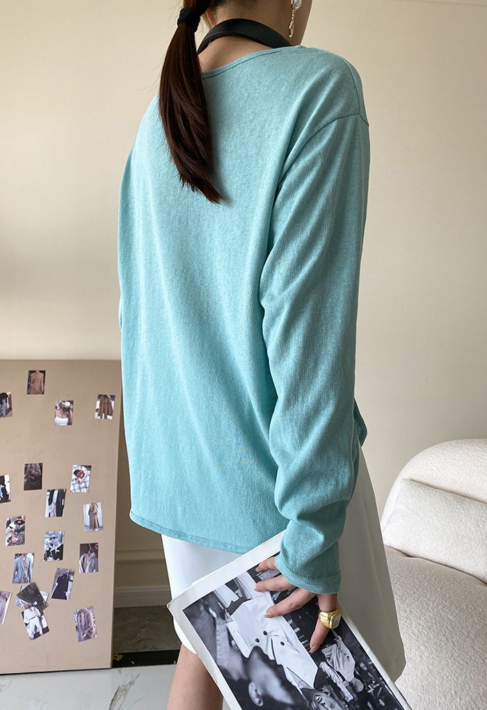Camiseta de manga larga de algodón suave al tacto en verde azulado