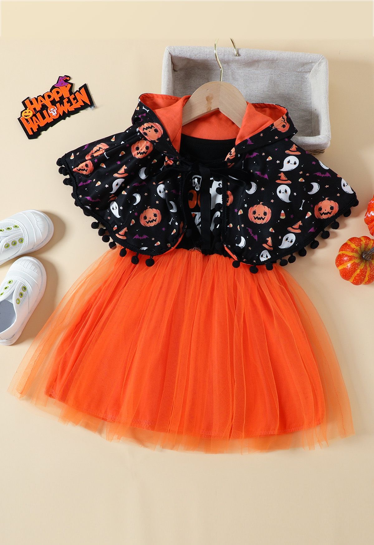 Vestido de malla de calabaza fantasma de Halloween para niños con capa con capucha