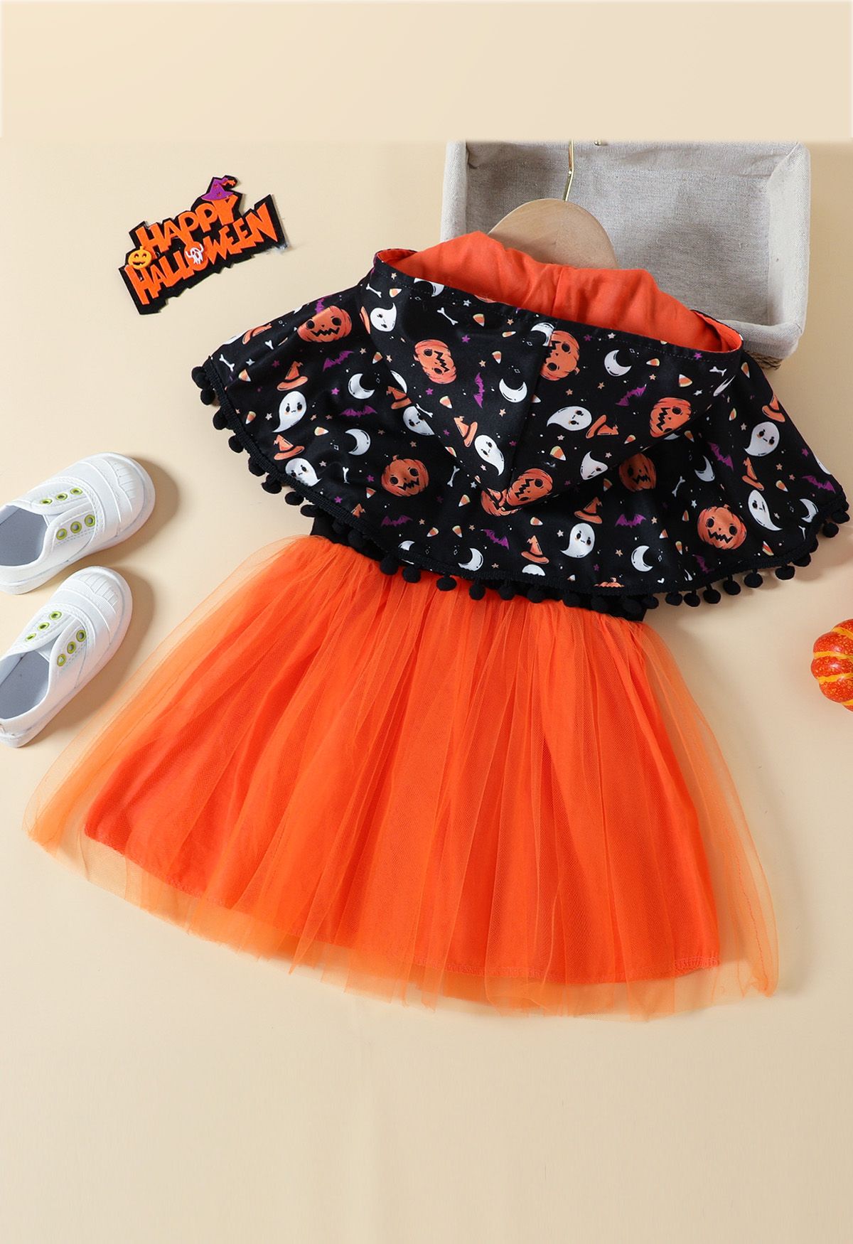 Vestido de malla de calabaza fantasma de Halloween para niños con capa con capucha