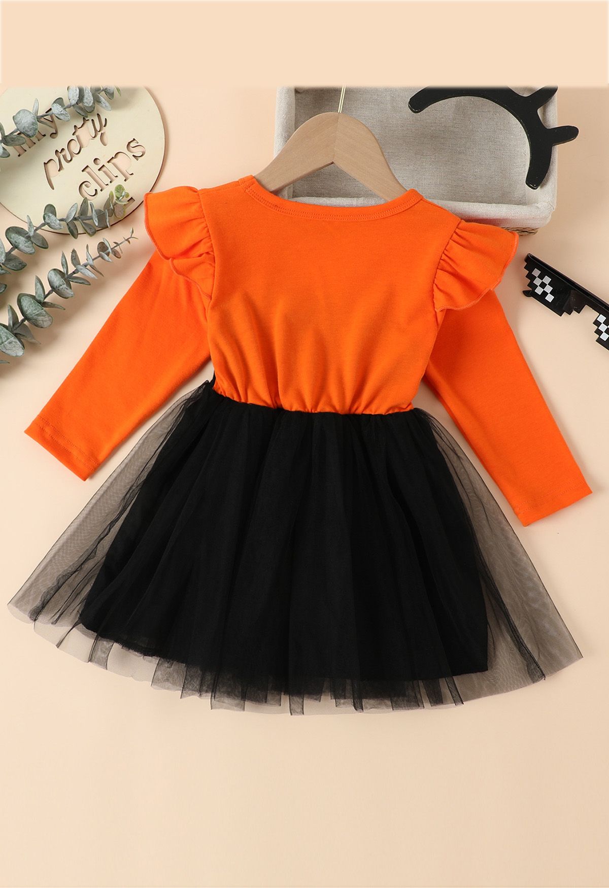 Vestido de tul de malla con volantes de búho negro para niños en naranja