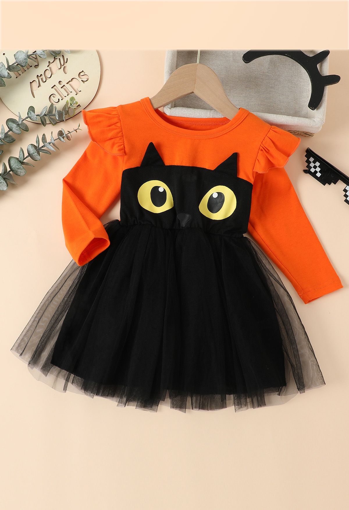 Vestido de tul de malla con volantes de búho negro para niños en naranja