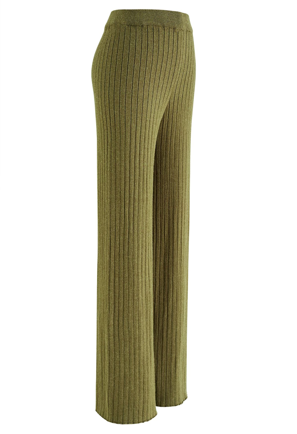 Pantalones de punto de pierna recta acanalados en verde musgo