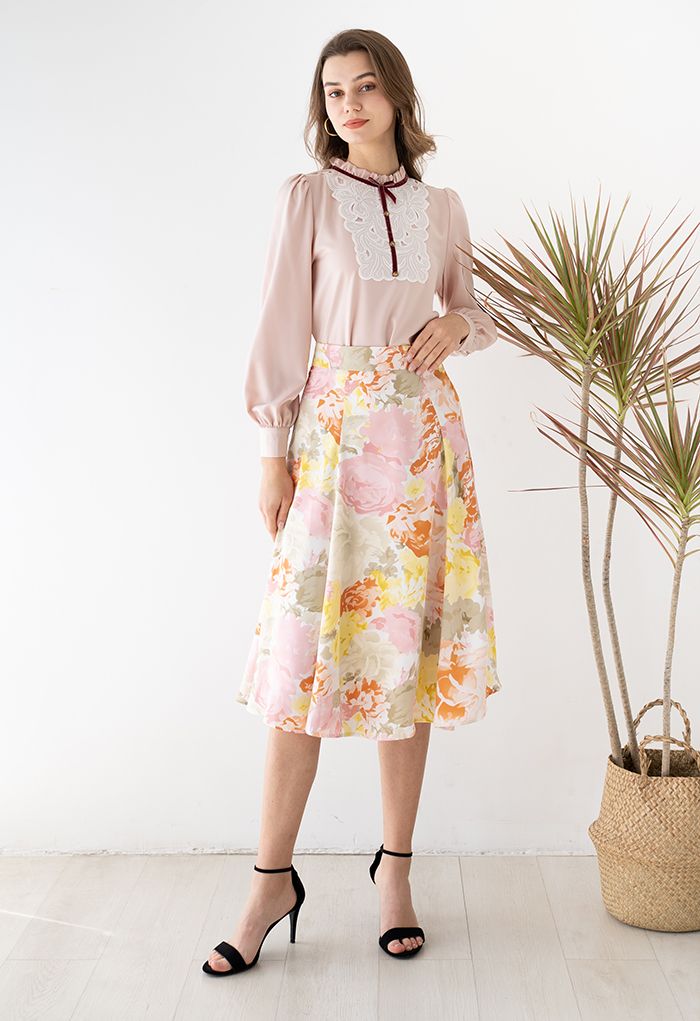 Falda Midi Estampada Flores Acuarela