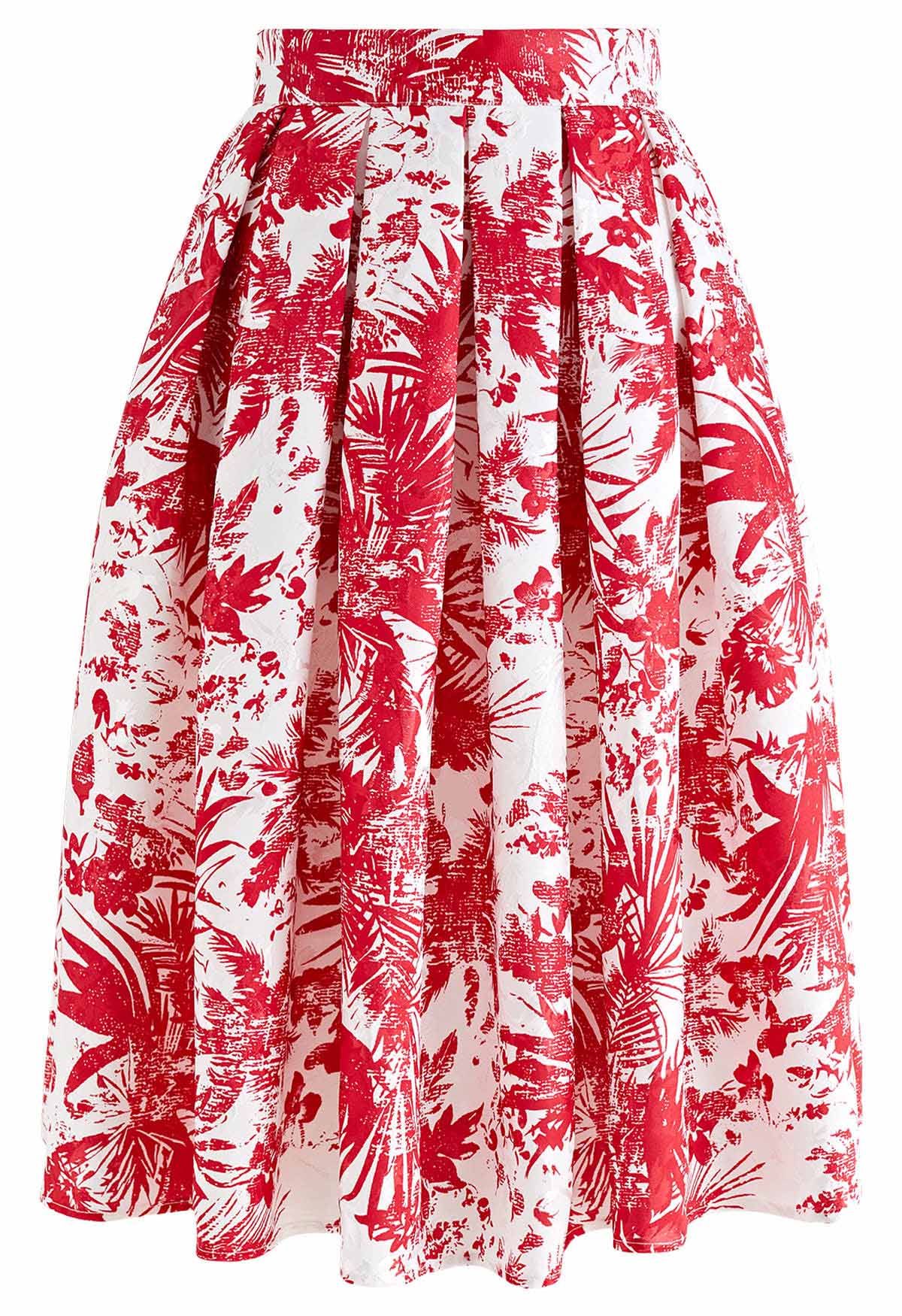 Falda midi plisada de jacquard con surcos tropicales en rojo