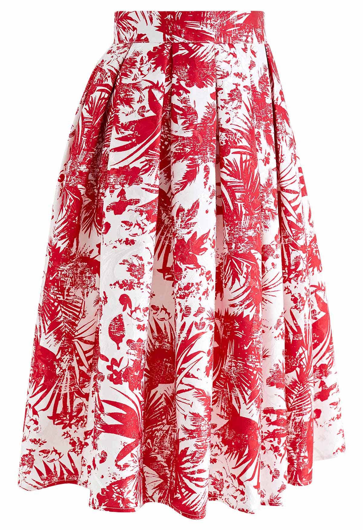 Falda midi plisada de jacquard con surcos tropicales en rojo