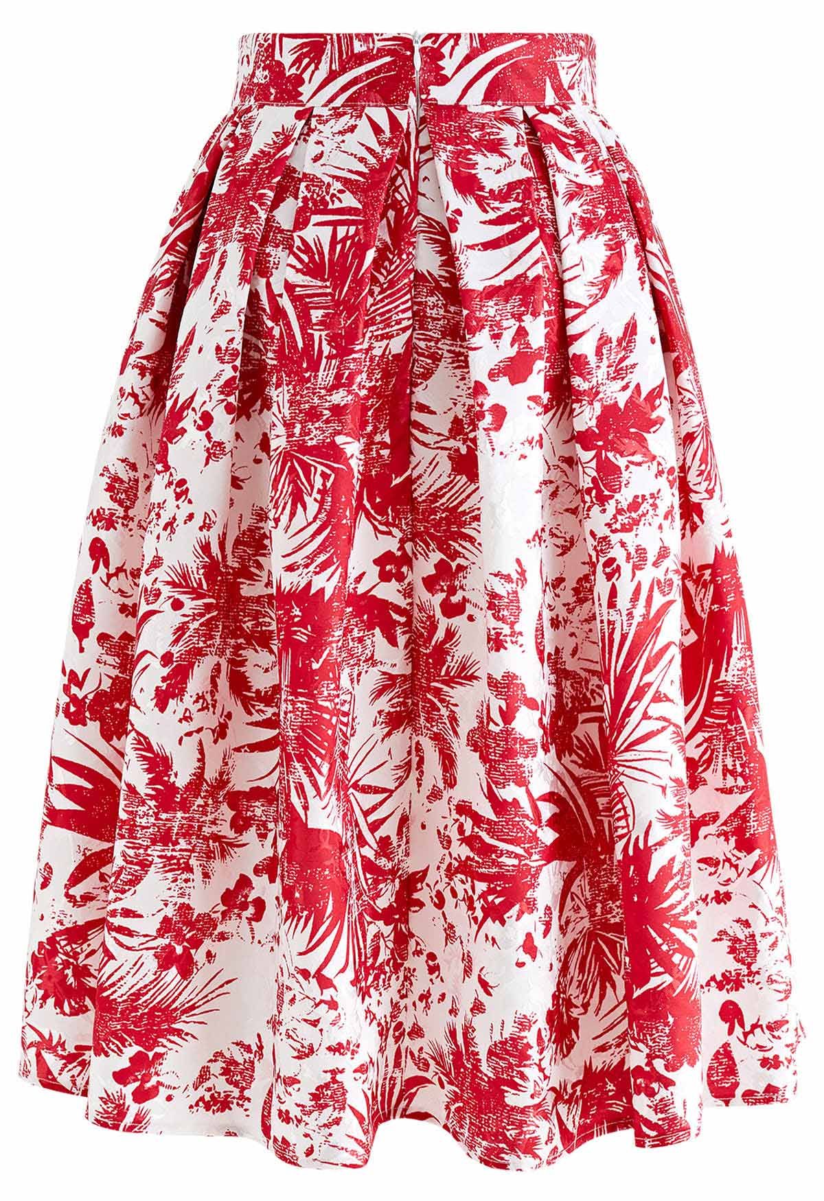 Falda midi plisada de jacquard con surcos tropicales en rojo