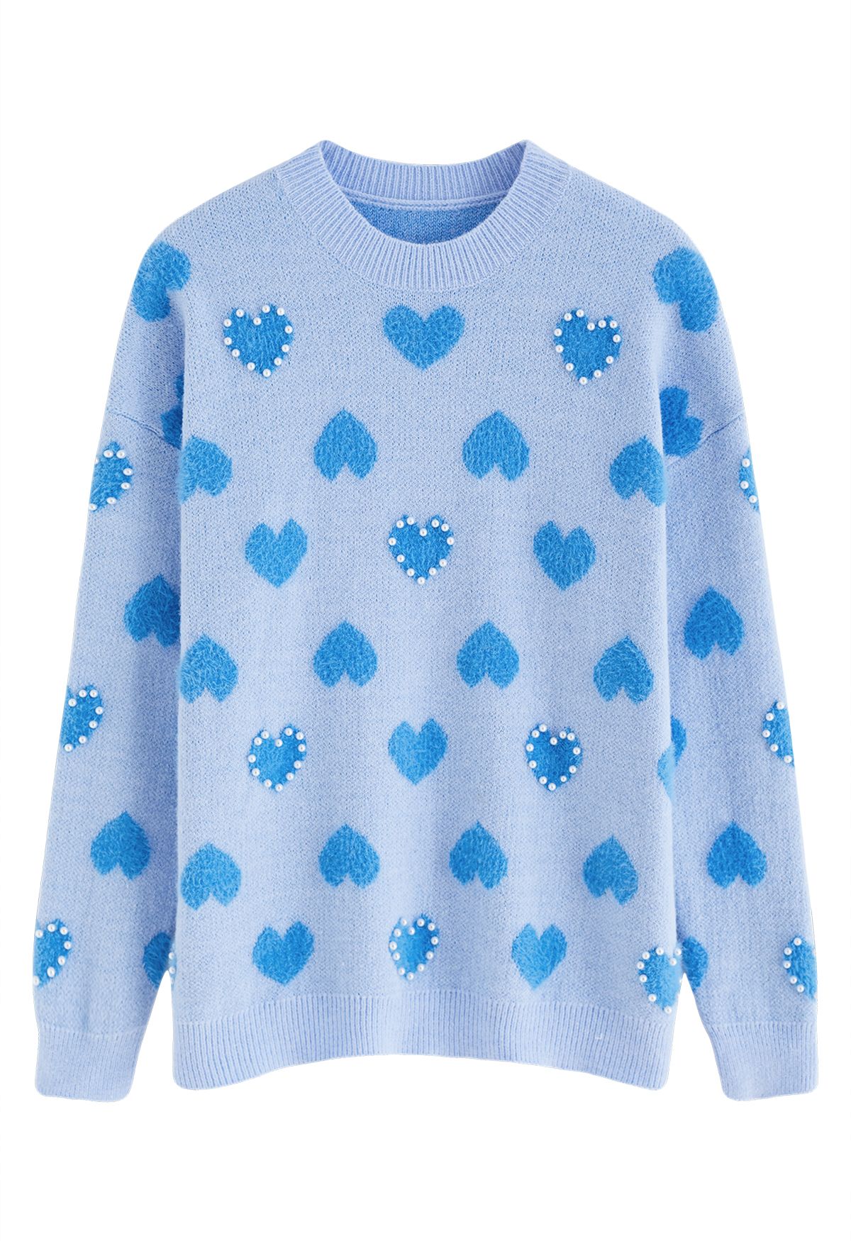 Suéter de punto de corazón esponjoso con ribete de perlas en azul