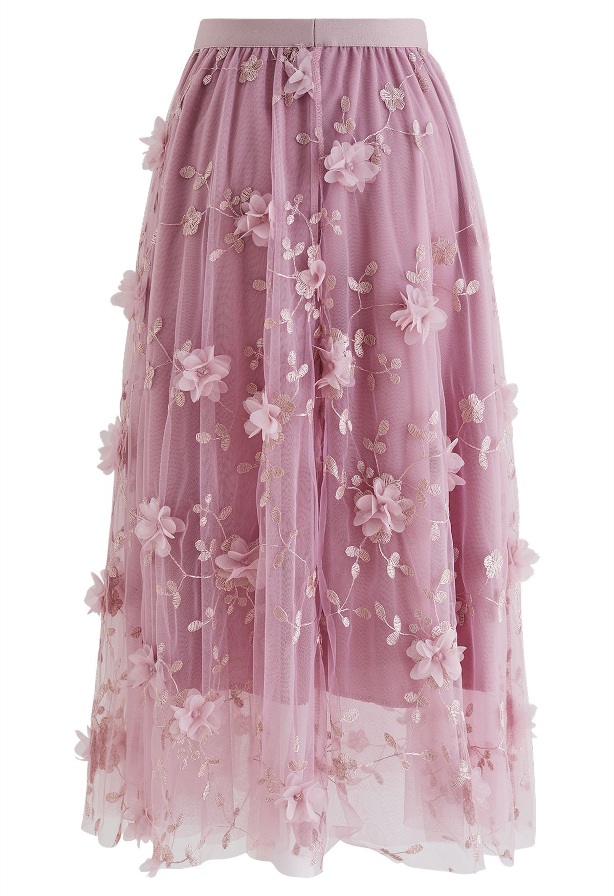 Falda midi de tul con bordado de flores de malla 3D en lila