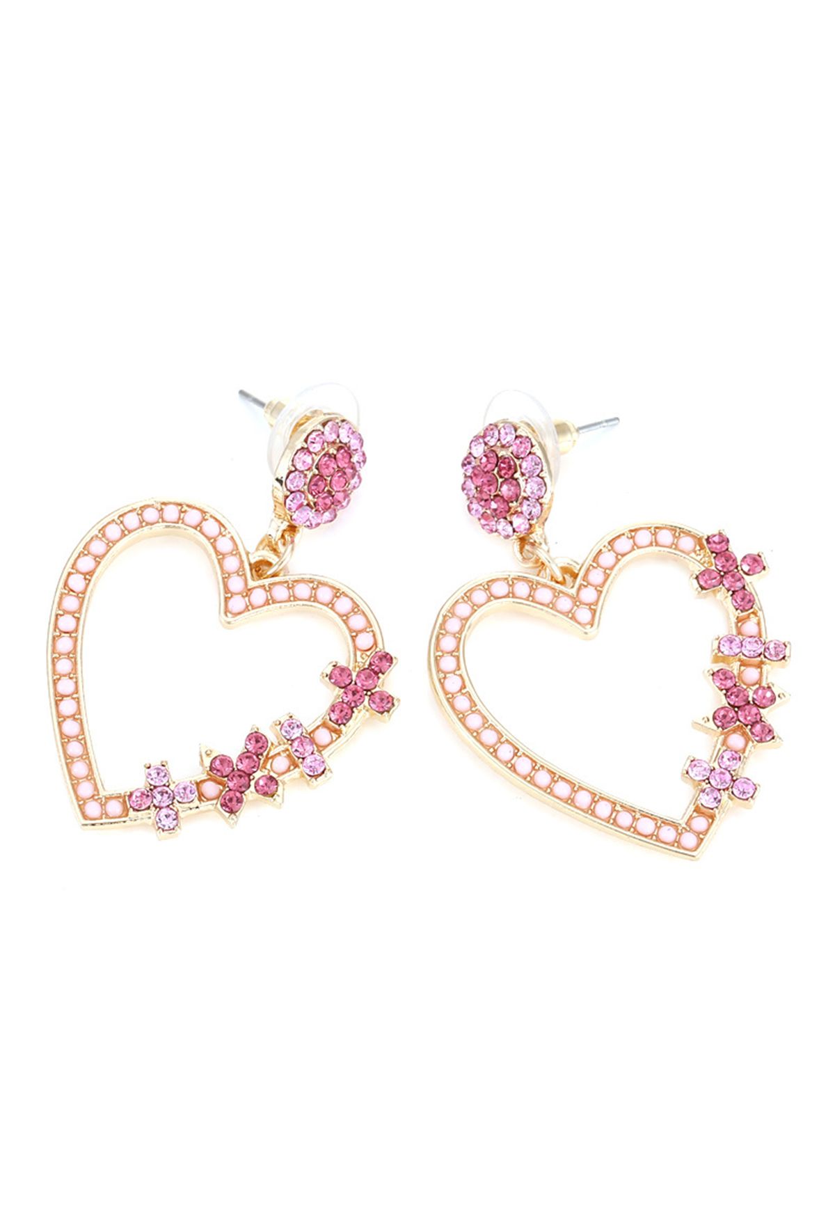 Aretes de gancho con corazón de diamantes rosas