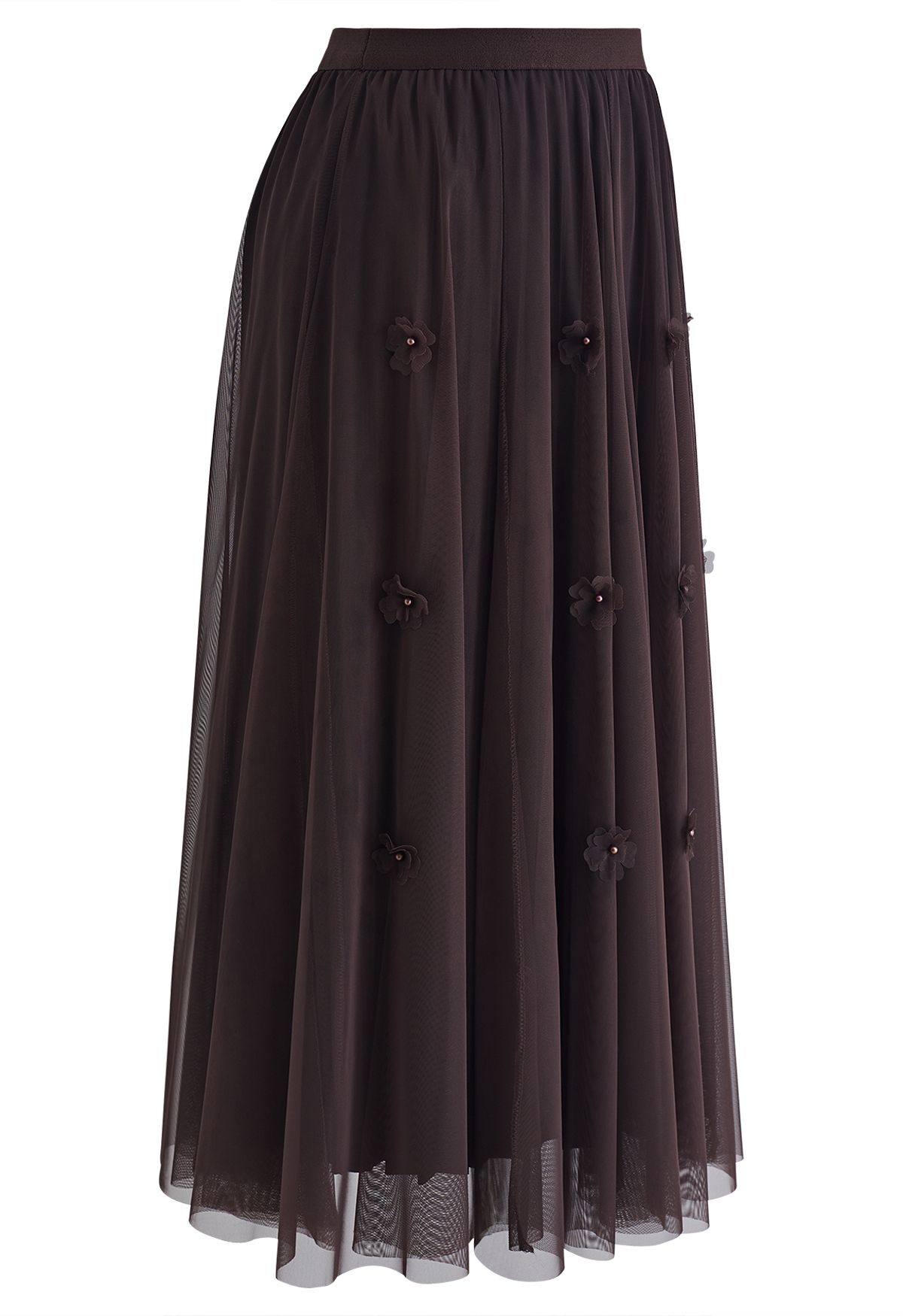 Falda midi de tul adornada con flores 3D en marrón