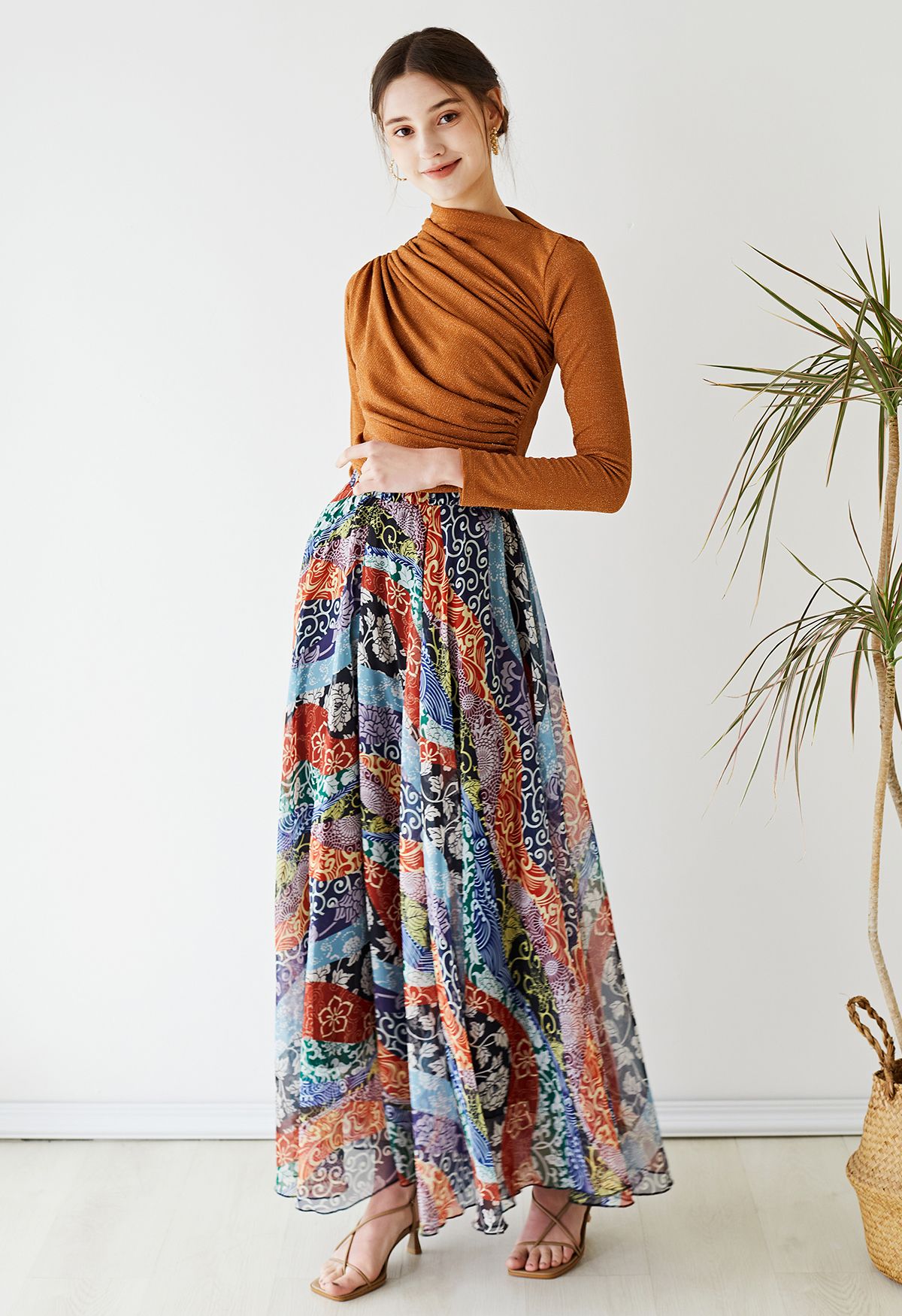 Falda larga de gasa con estampado de flores bohemias
