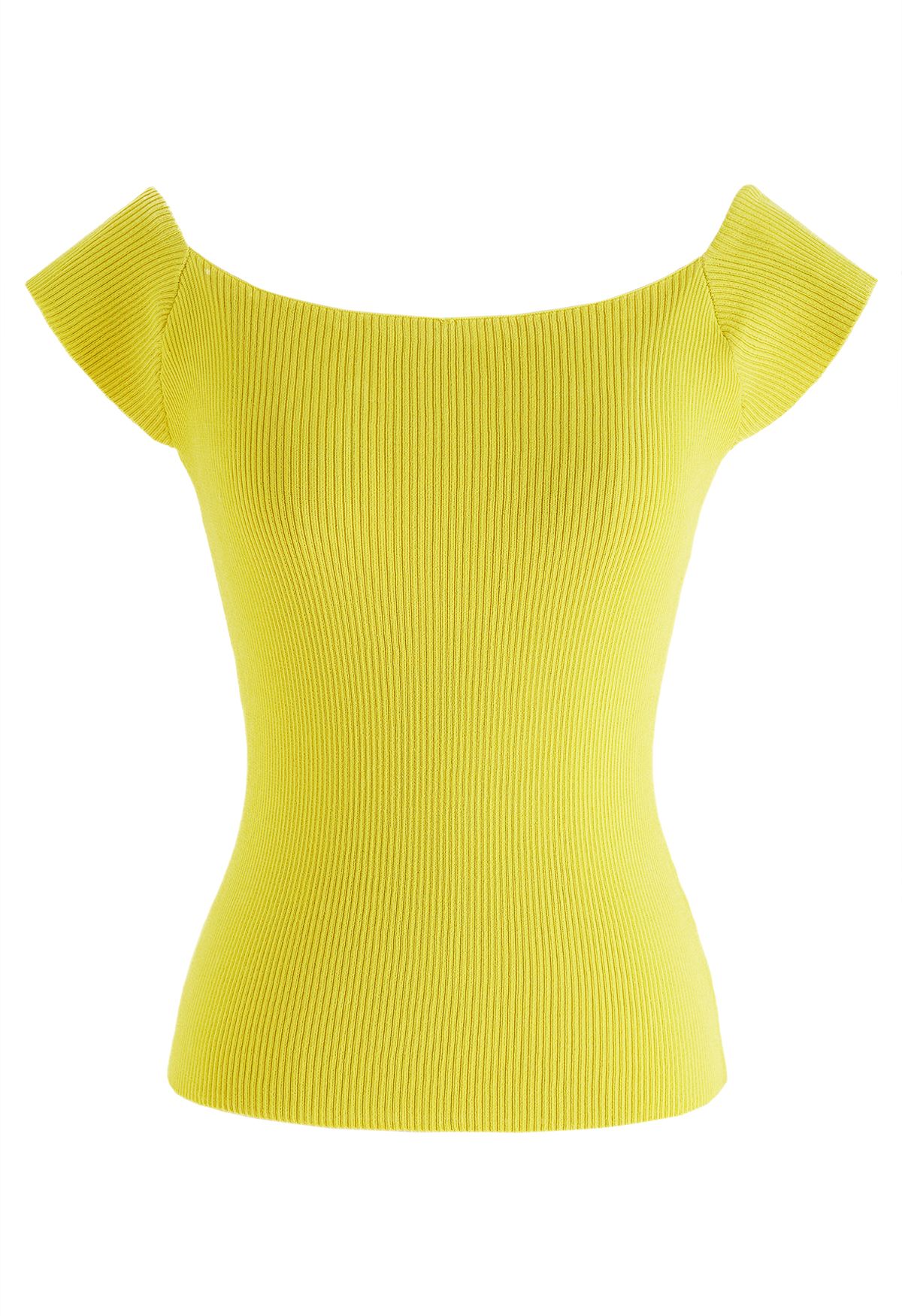 TOP CORTO DE PUNTO ACANALADO CON CUELLO BARCO en amarillo