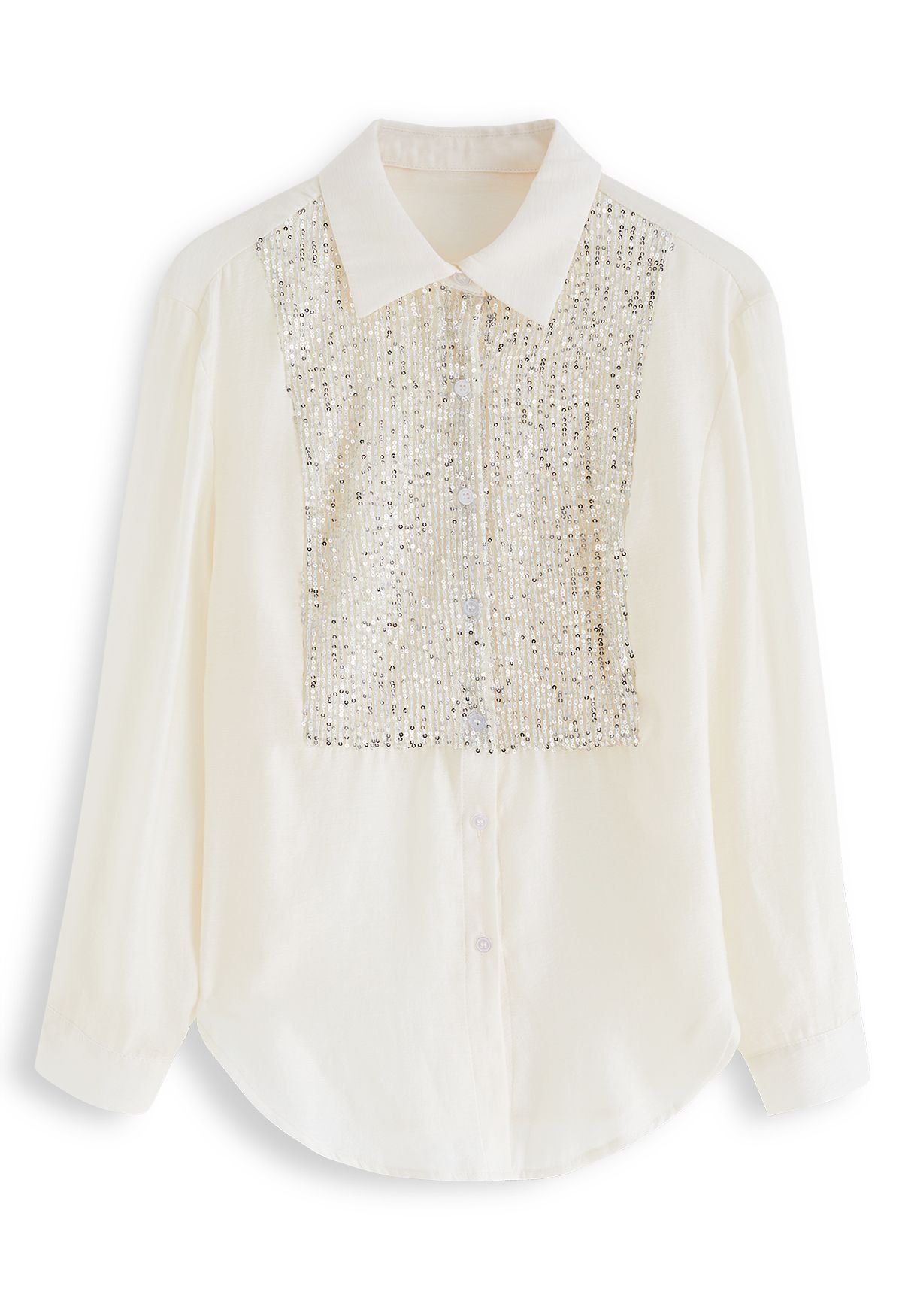 Camisa con botones adornada con lentejuelas brillantes en color crema