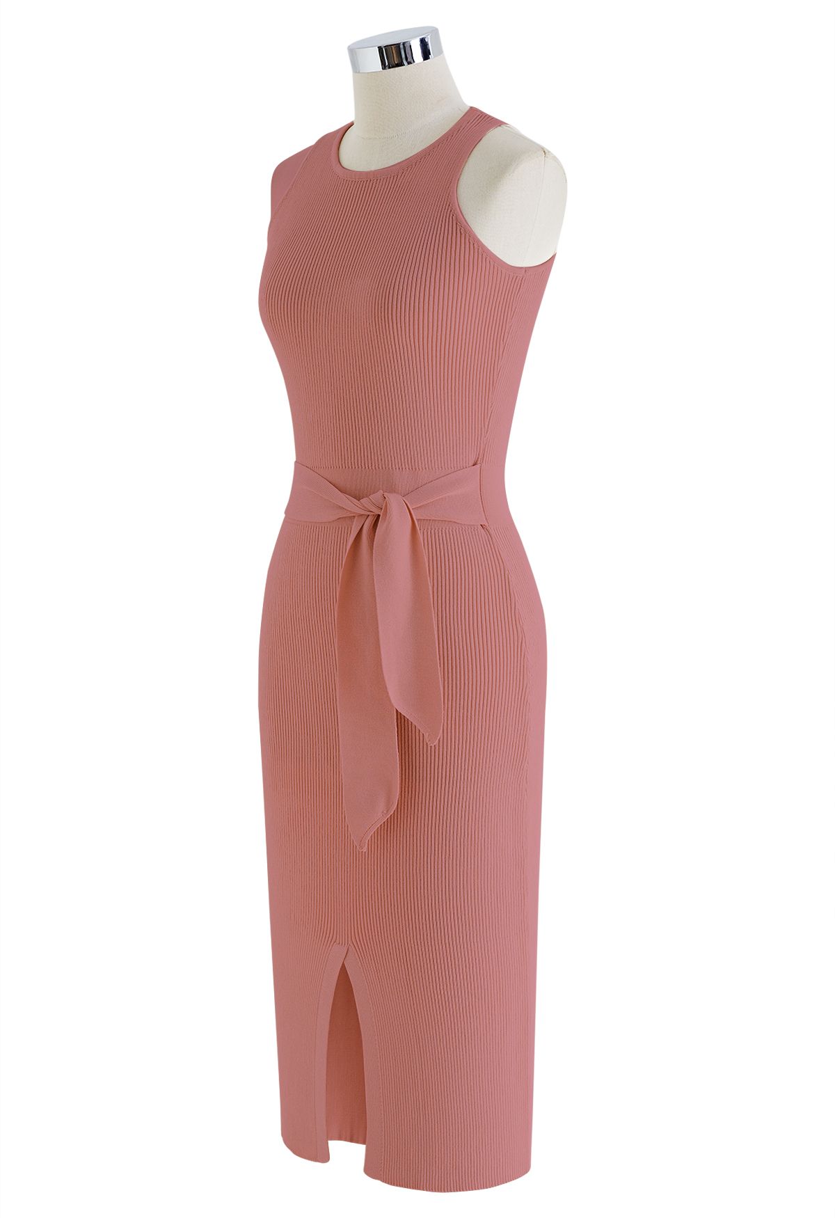 Vestido de punto sin mangas con lazo en la cintura y abertura frontal en rosa