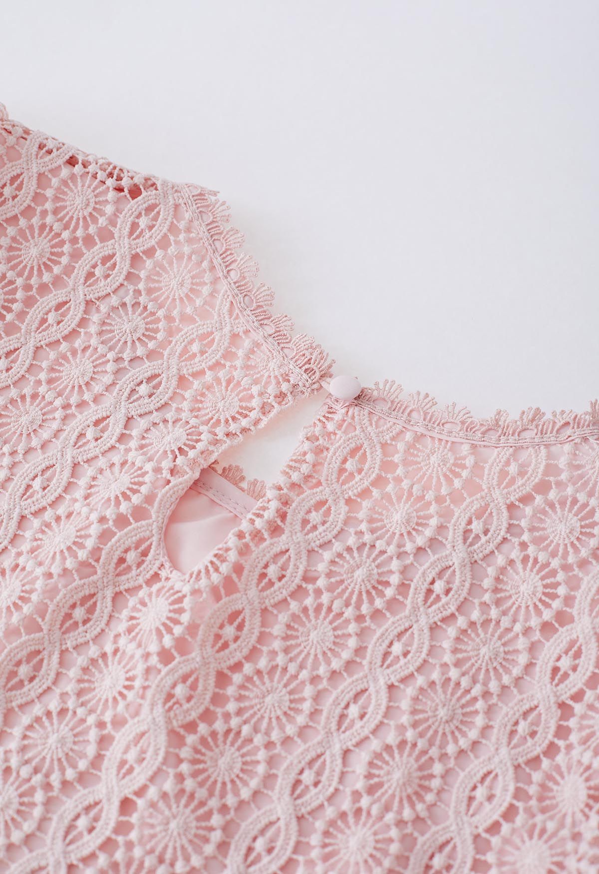 Top de manga corta con burbujas de crochet completo en rosa