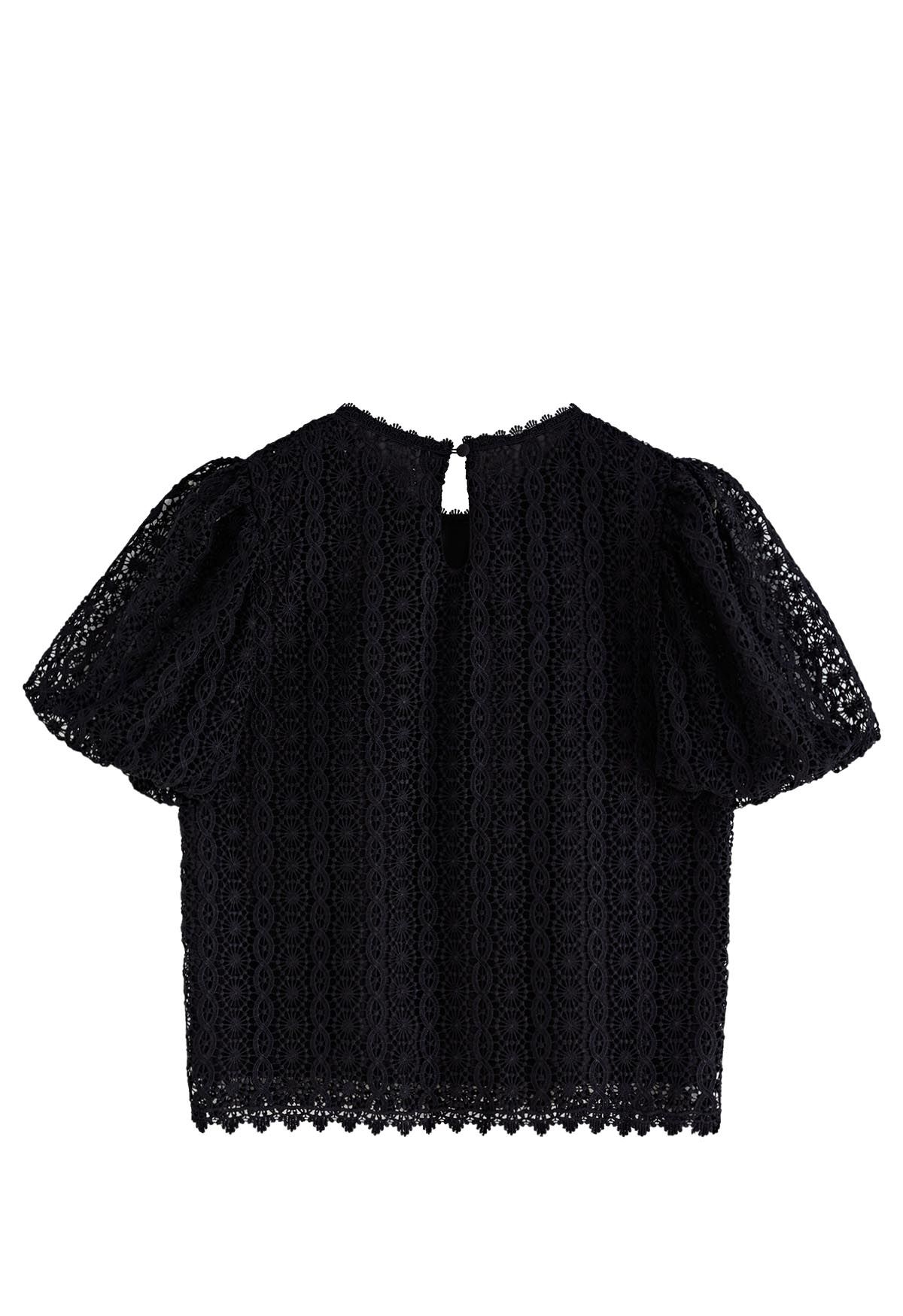 Top de manga corta con burbujas de crochet completo en negro