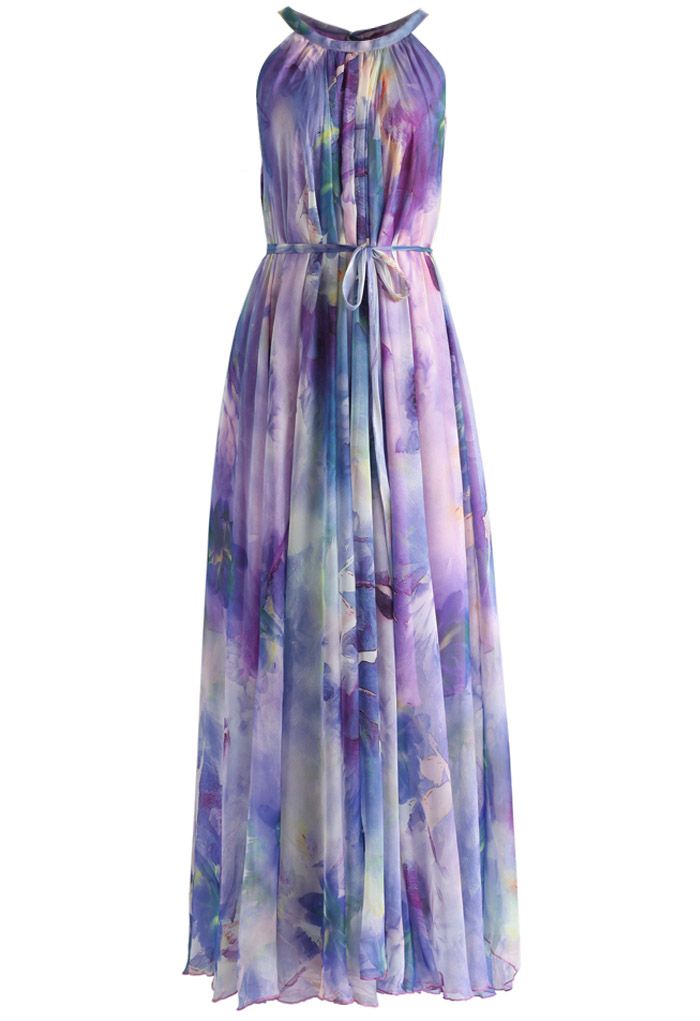 Maxi Vestido de Tirantes con Estampado Violeta Floral Acuarelado