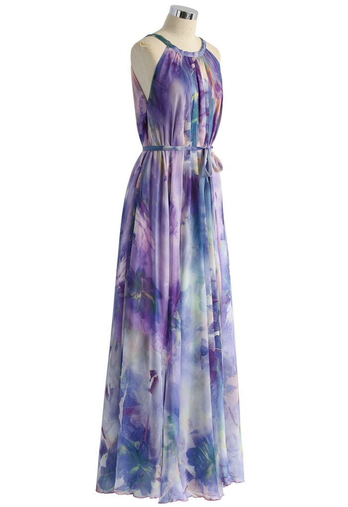 Maxi Vestido de Tirantes con Estampado Violeta Floral Acuarelado