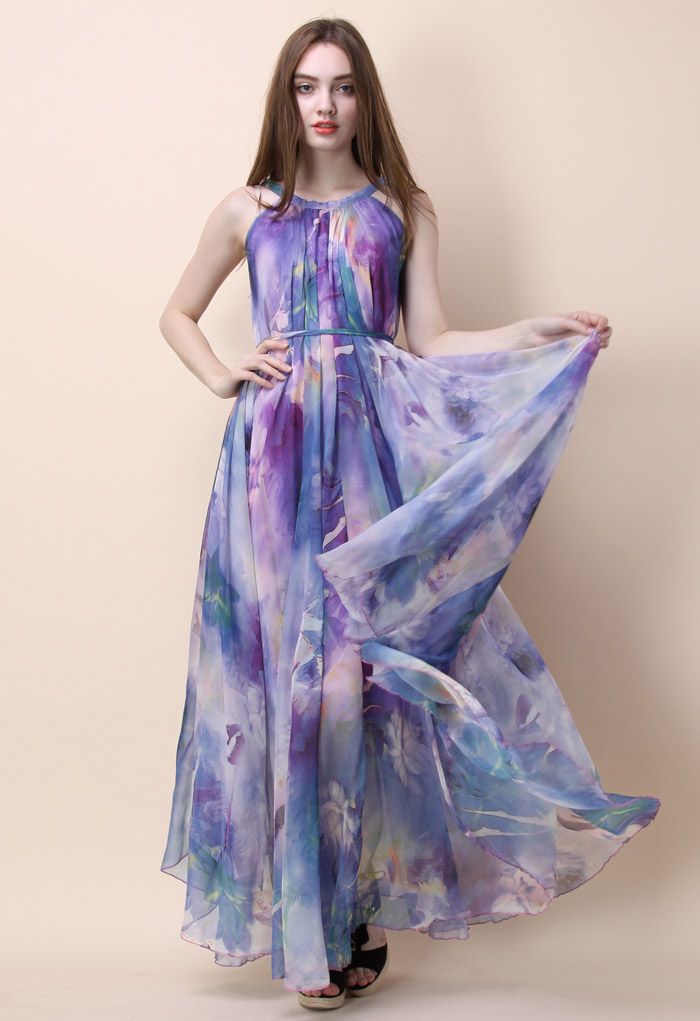 Maxi Vestido de Tirantes con Estampado Violeta Floral Acuarelado