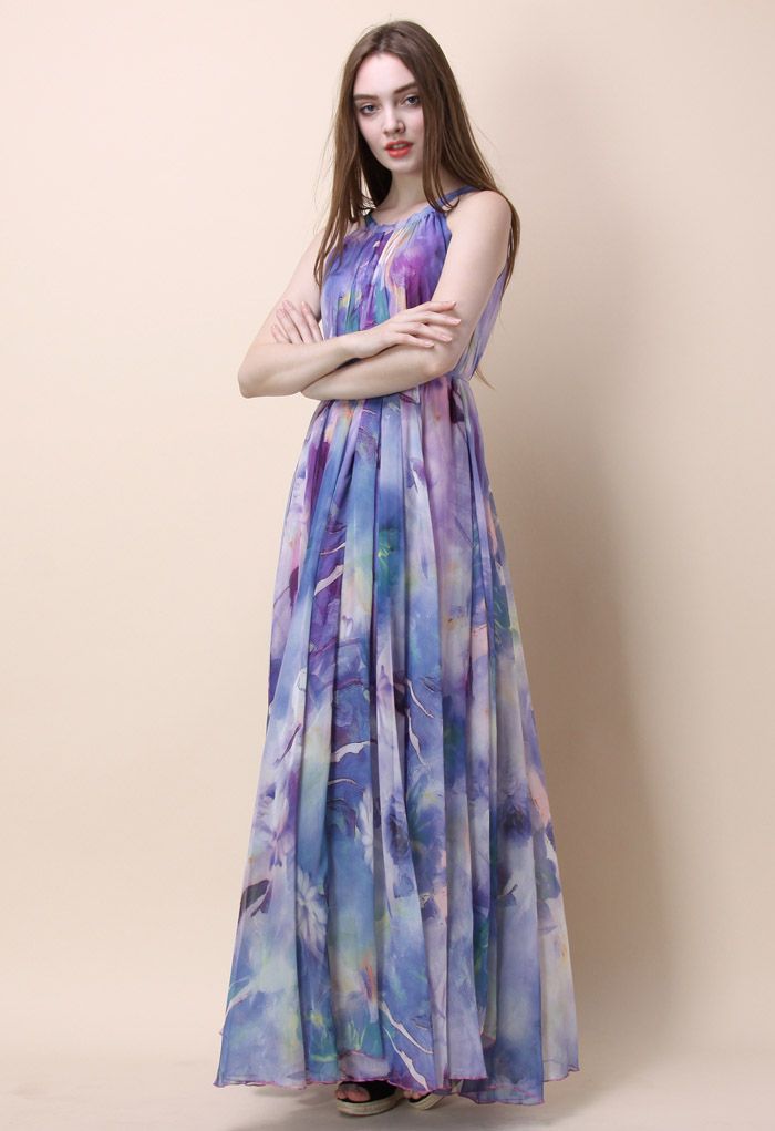 Maxi Vestido de Tirantes con Estampado Violeta Floral Acuarelado