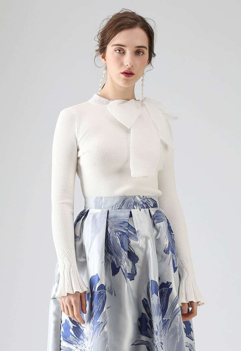 Elegante con top de punto Bowknot en blanco