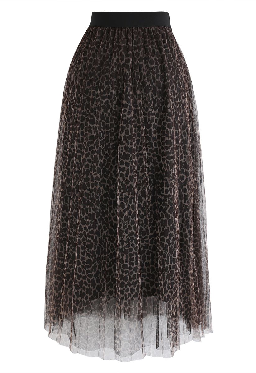 Falda plisada de tul de malla de doble capa con estampado de leopardo
