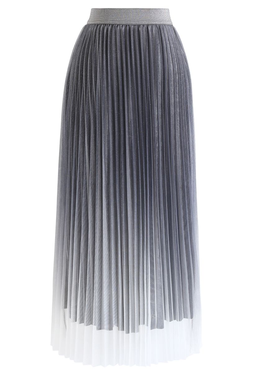 Falda plisada de malla brillante degradada en gris