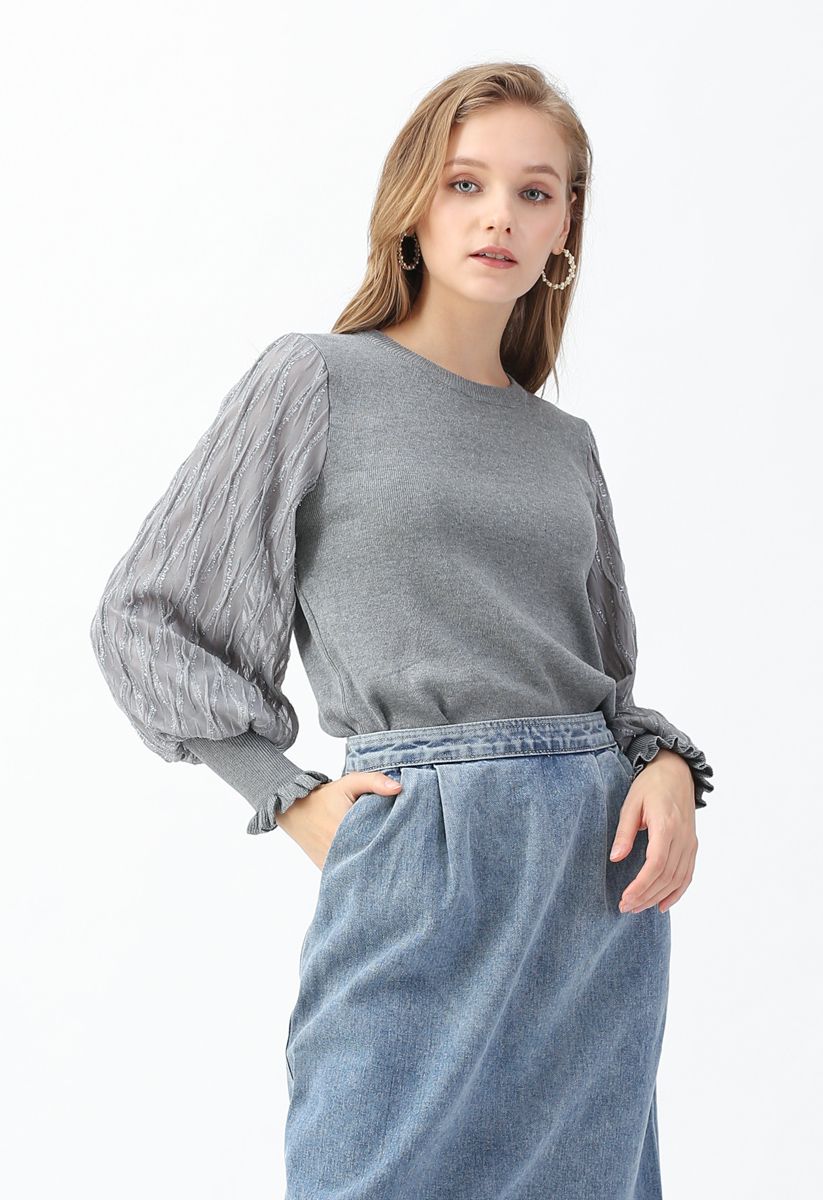 Top de punto con mangas abullonadas Shiny Lines en gris