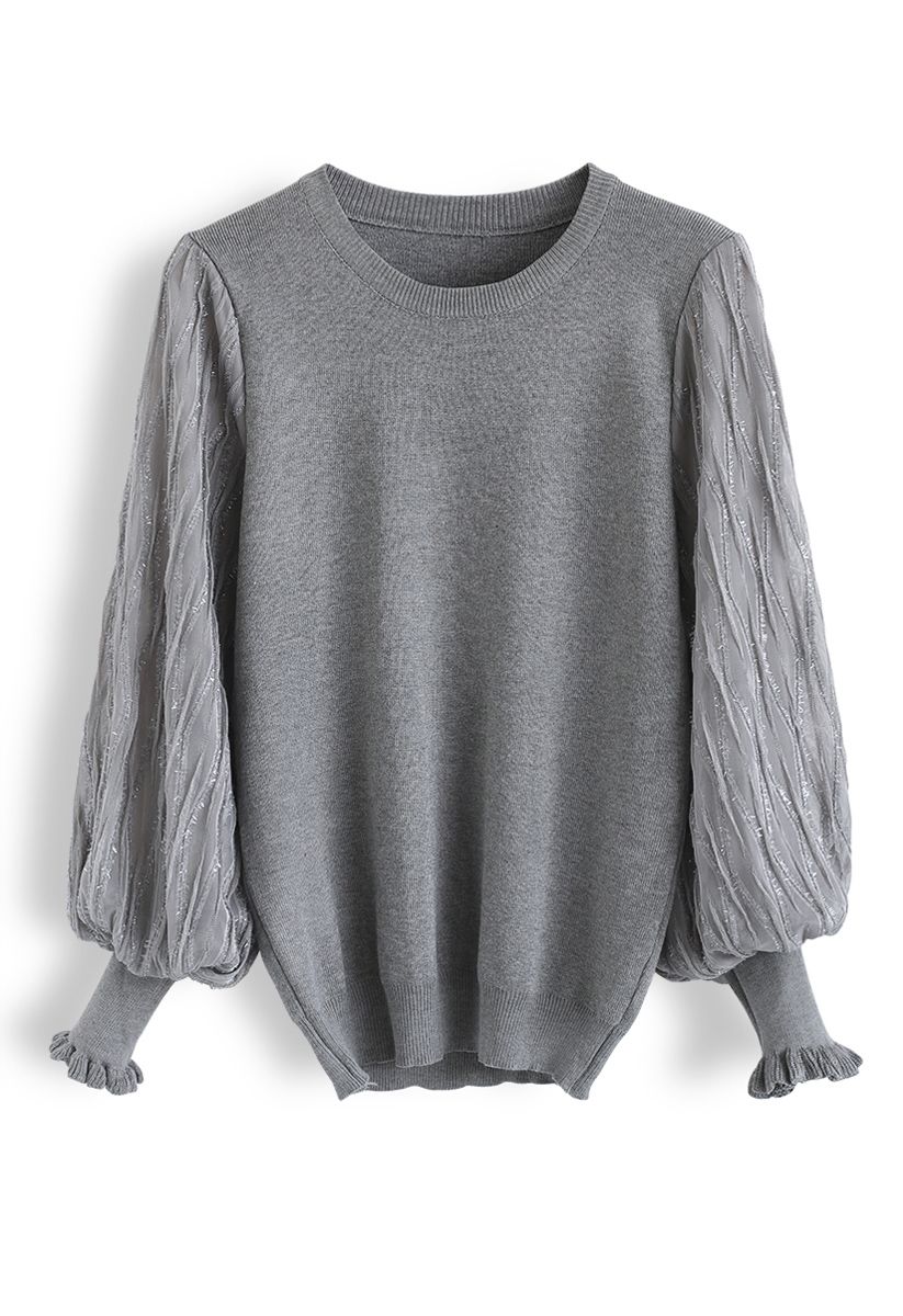 Top de punto con mangas abullonadas Shiny Lines en gris