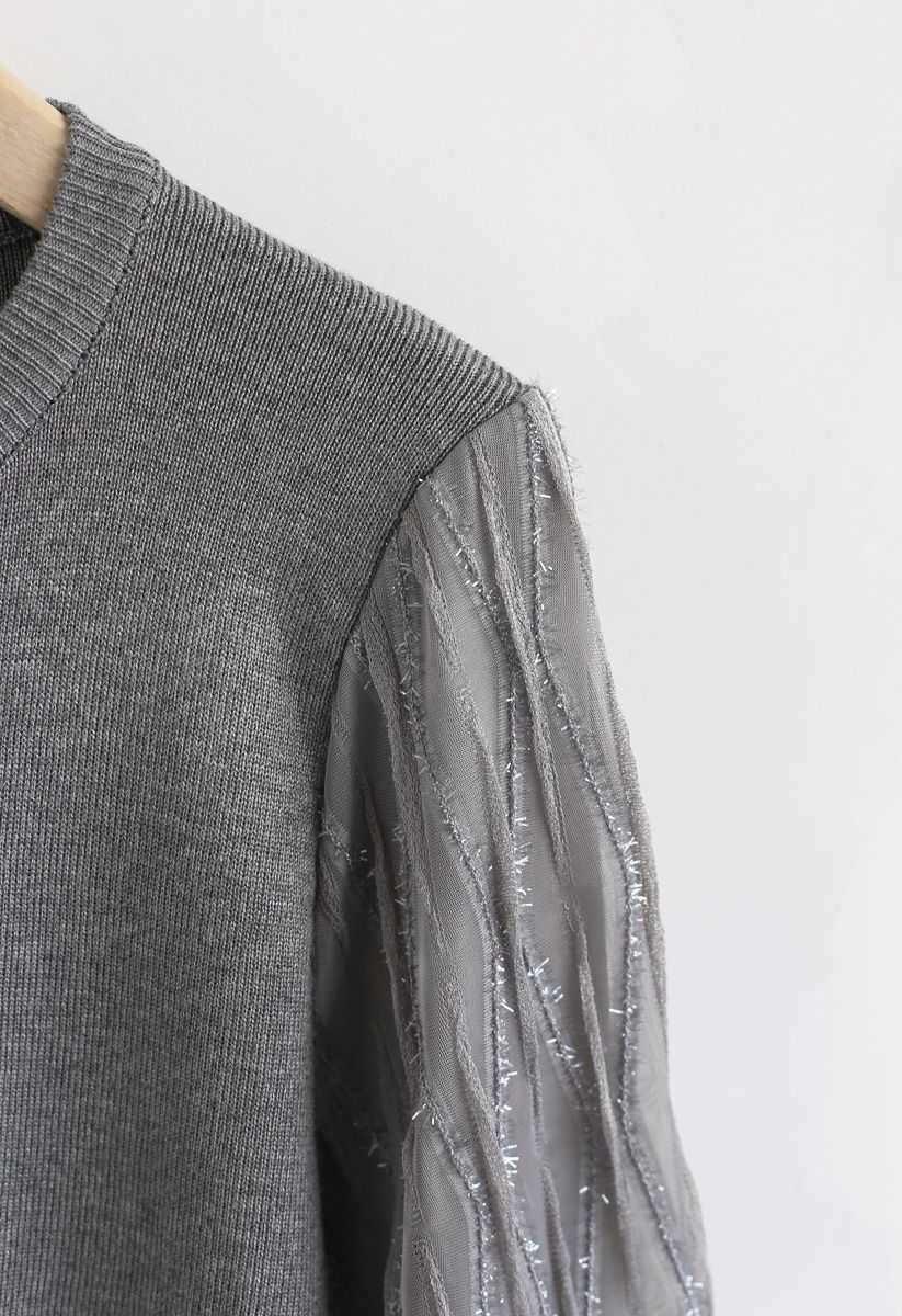 Top de punto con mangas abullonadas Shiny Lines en gris