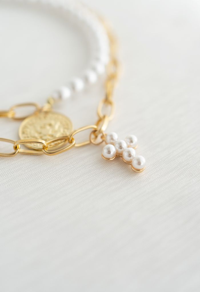 Collar de cadena de perlas en capas de monedas de oro