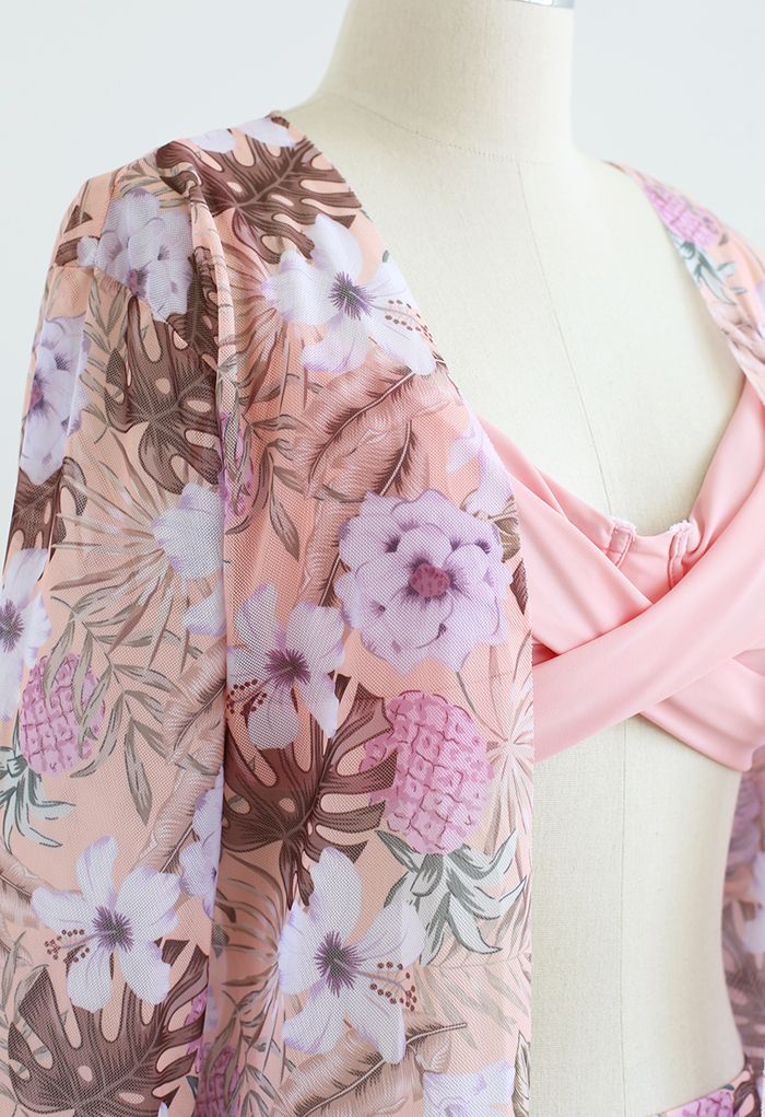 Conjunto de bikini con frente cruzado floral fresco en rosa