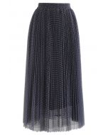 Falda midi de malla plisada de doble capa de cuadros vichy en azul marino