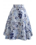 Falda midi de jacquard con estampado floral azul