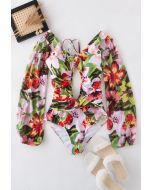 Bañador halter con abertura y manga de malla en floral tropical