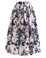 Falda midi plisada con estampado floral de verano en negro