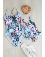 Bañador estilo camisola con volantes y estampado floral tropical para mamá y niños