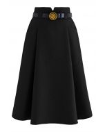 Falda midi plisada con bolsillo delantero con cinturón en negro