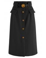 Falda midi vintage con bolsillo con solapa y botones en negro