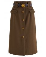 Falda midi vintage con bolsillo con solapa y botones en caqui