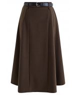 Falda midi acampanada con cinturón de color liso en marrón